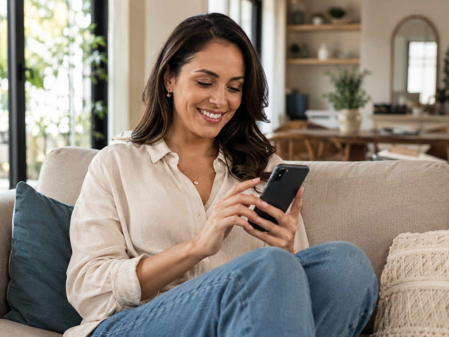 Mulher no sofá solicitando empréstimo pessoal pelo celular